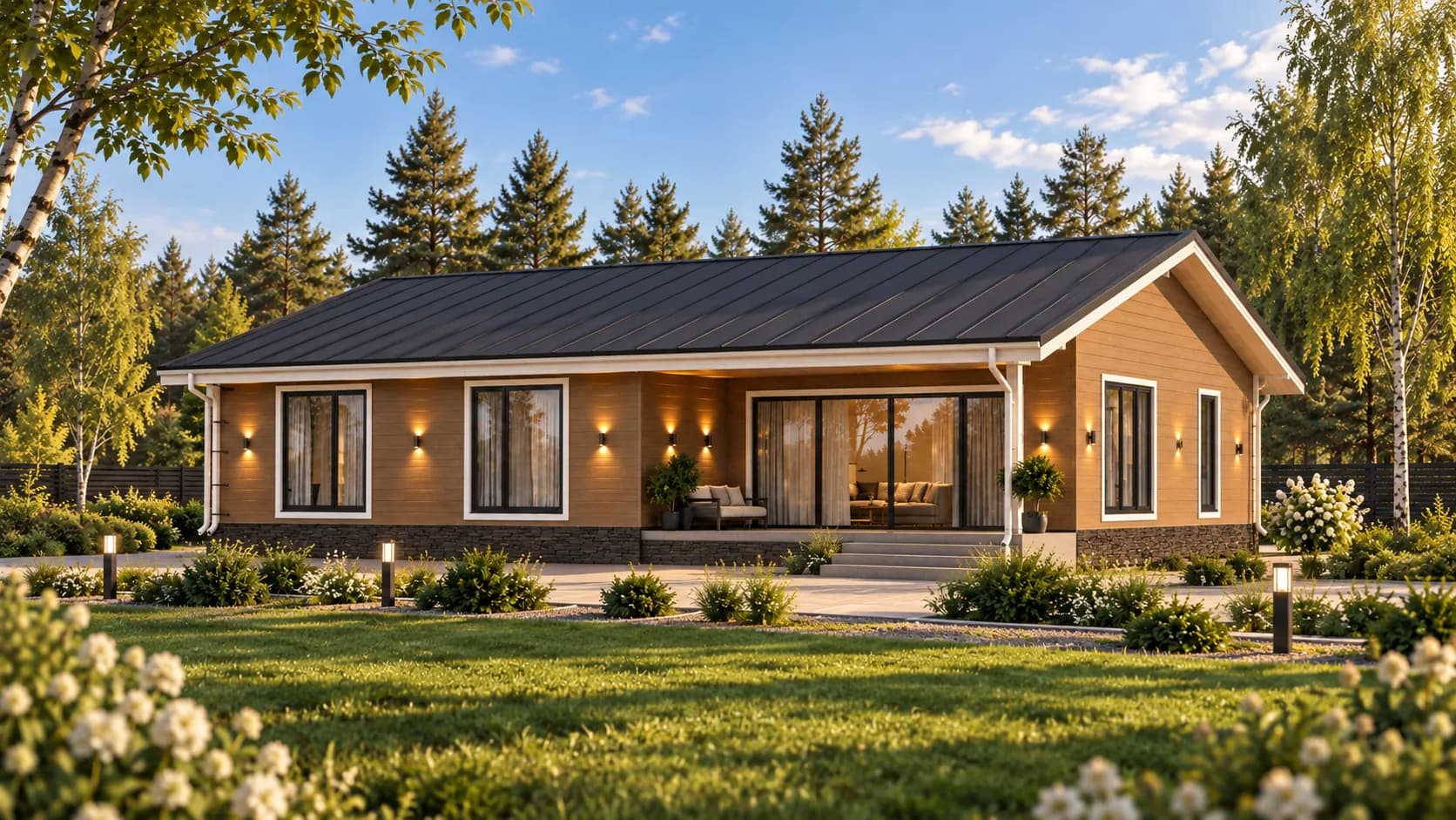 Охристый дом с длинной террасой