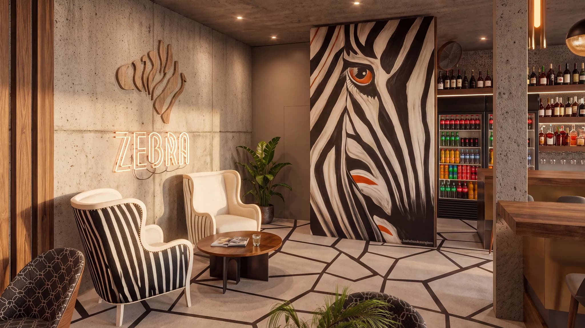 The lounge with armchairs and the zebra panel