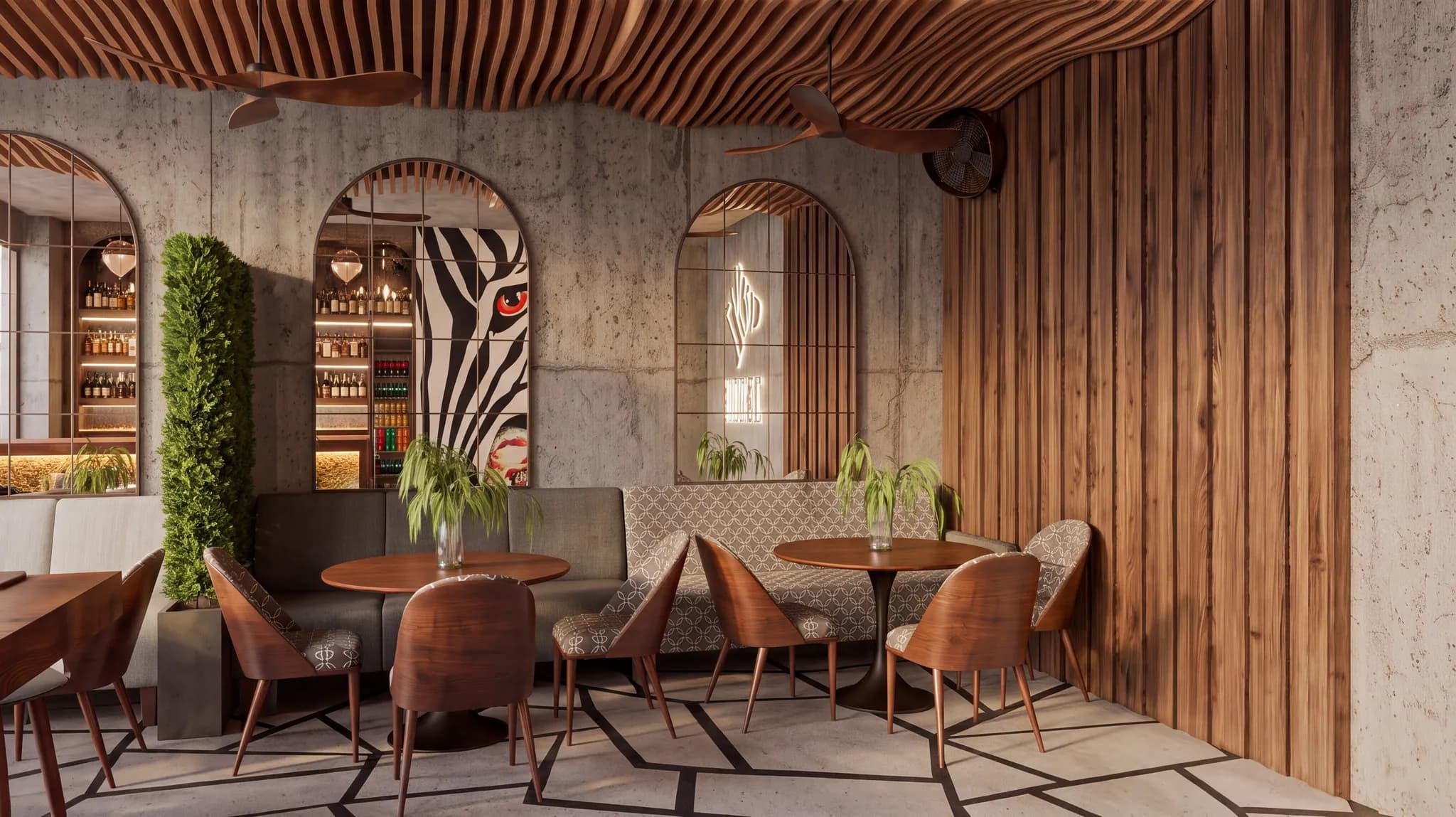Tables by the arched niches under the wavy timber ceiling