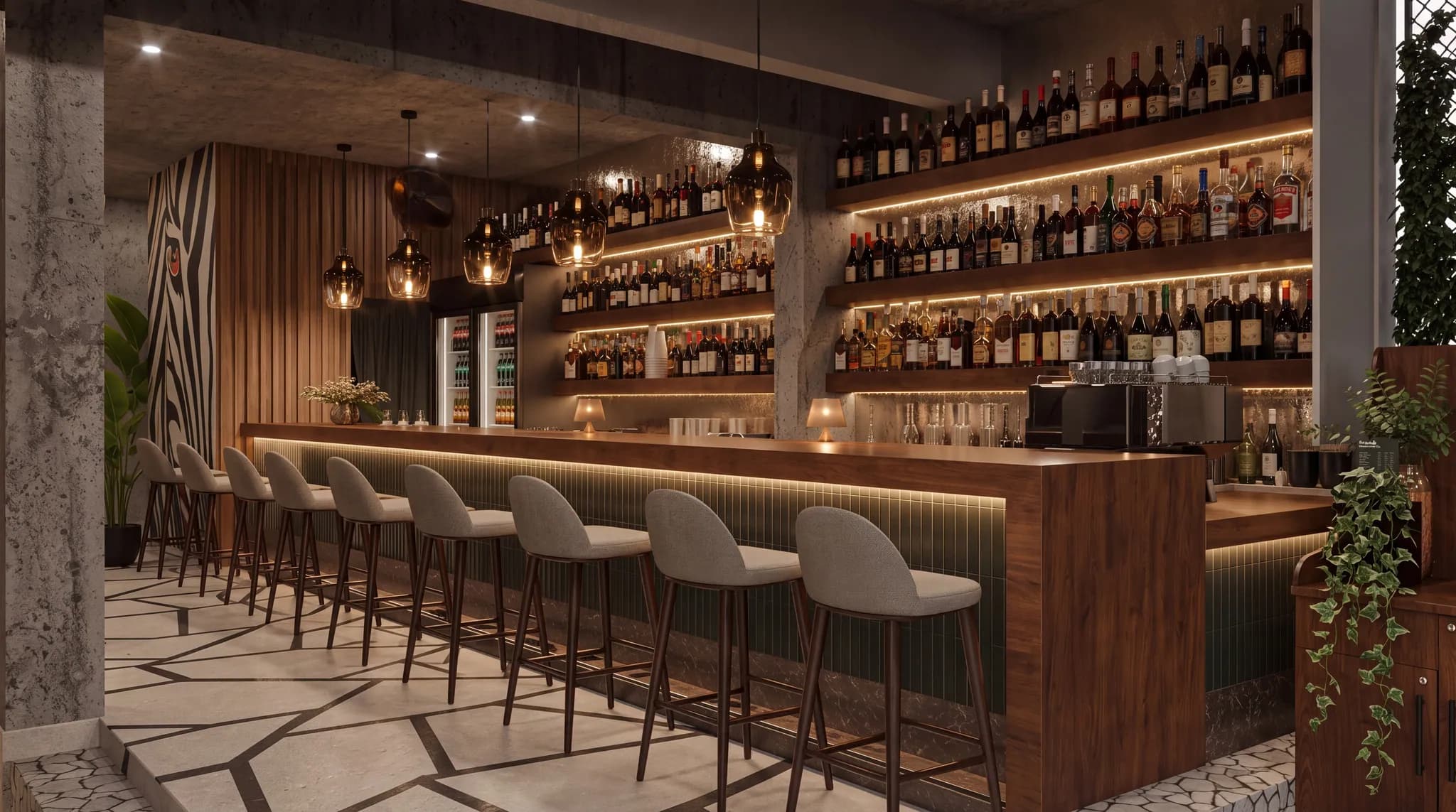The bar counter with lit shelves and high stools